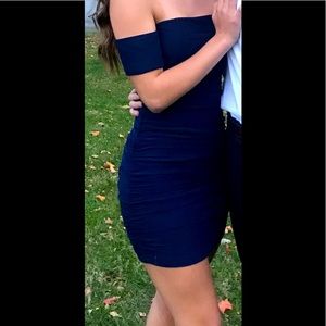 B Darlin Off-The-Shoulder Ruched Bodycon Dress.